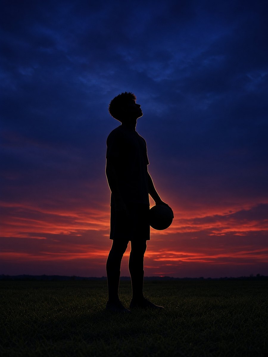 Silhouette of a footballer holding a ball, looking at the sky